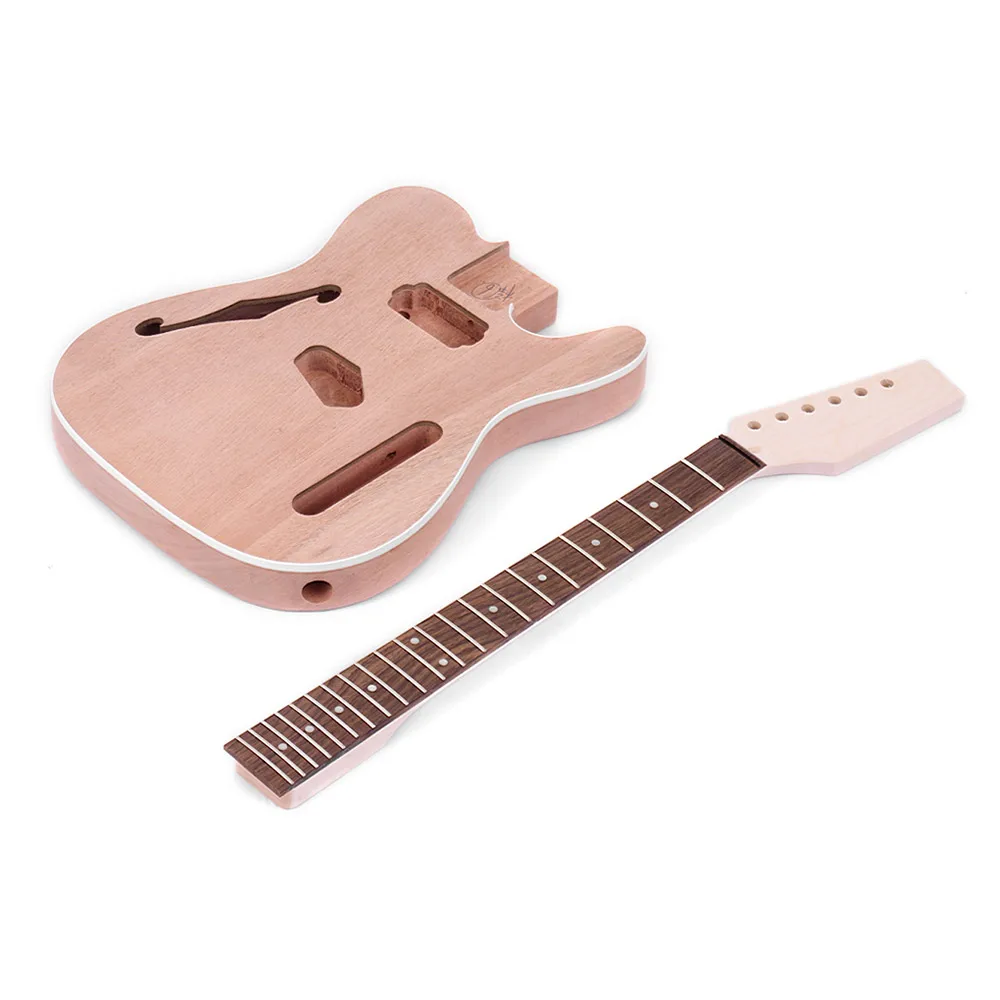 

Muslady TL Tele Style Unfinished Electric Guitar DIY Kit Mahogany Body with F Soundhole Maple Wood Neck Rosewood Fingerboard