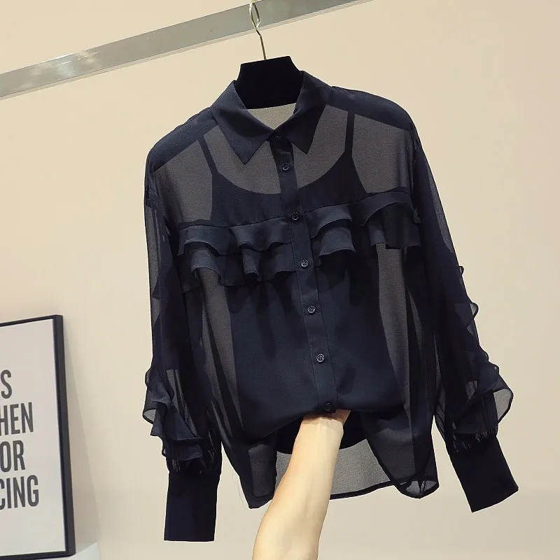 

Turn-down blouse women ruffles shirt two pieces 2019 new arrivals black S,M,L