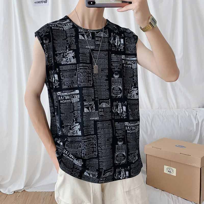 

Men's vest 2019 summer new slim loose large size round collar color tank sleeveless trend casual personality youth men's wear