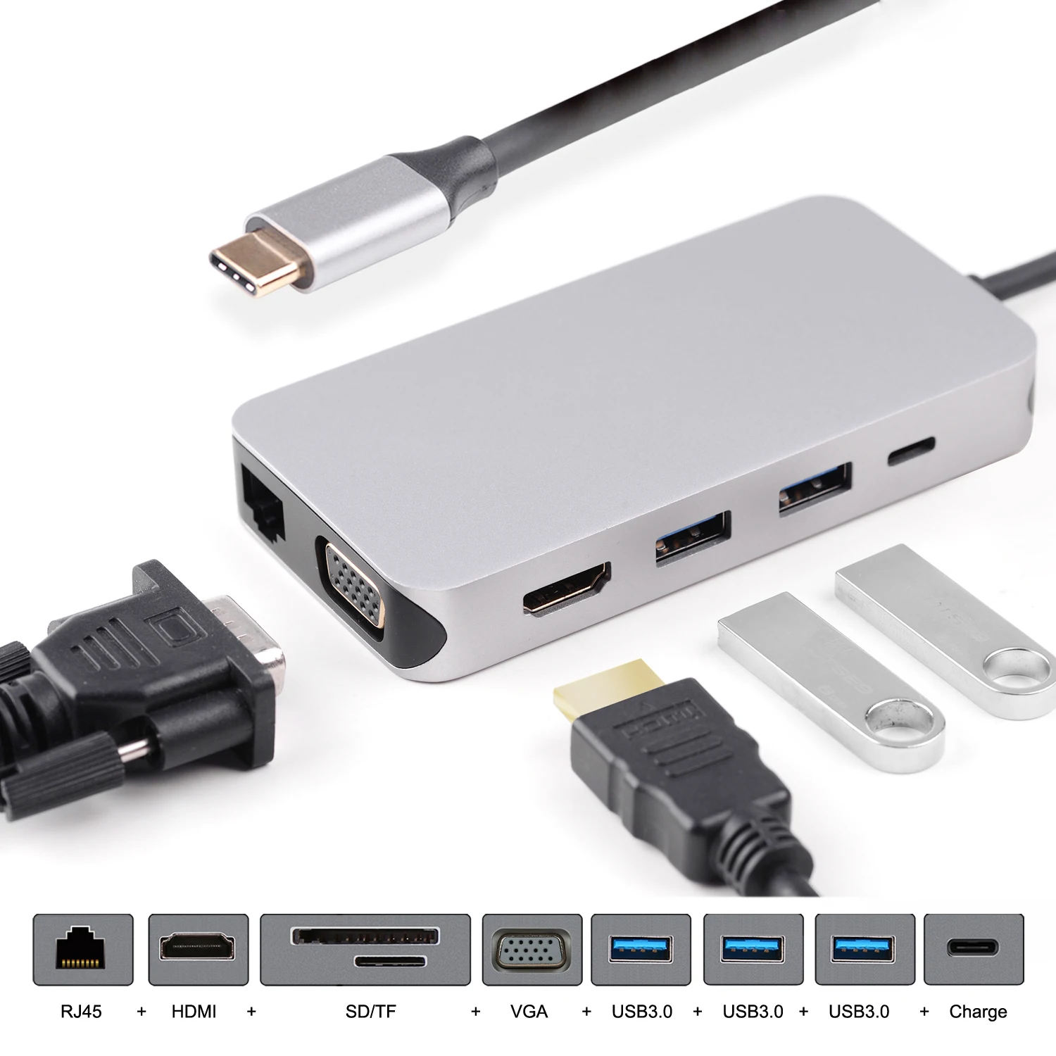 

10pcs/lot Dock USB-C VGA HDMI Ethernet 3 Ports HUB TF SD Charger Card Reader Multiport Adapter