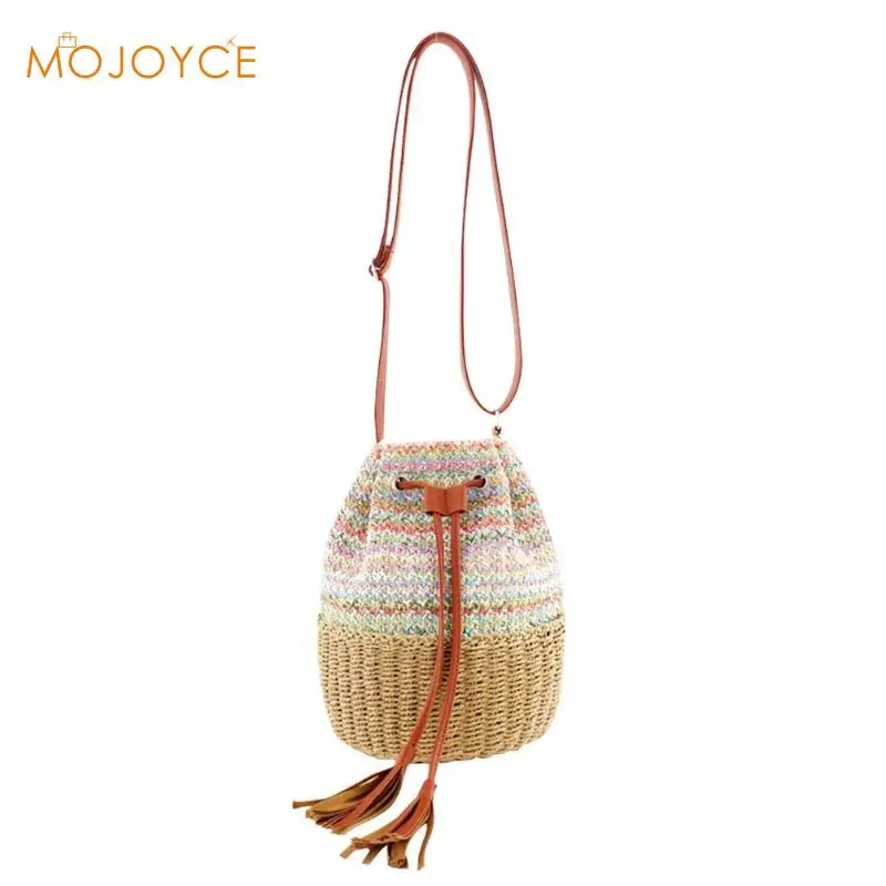 

Boho PP Women Straw Shoulder Handbags Boho Beach Bucket Crossbody Messenger Bags Women Drawstring Bucket Crossbody Bags
