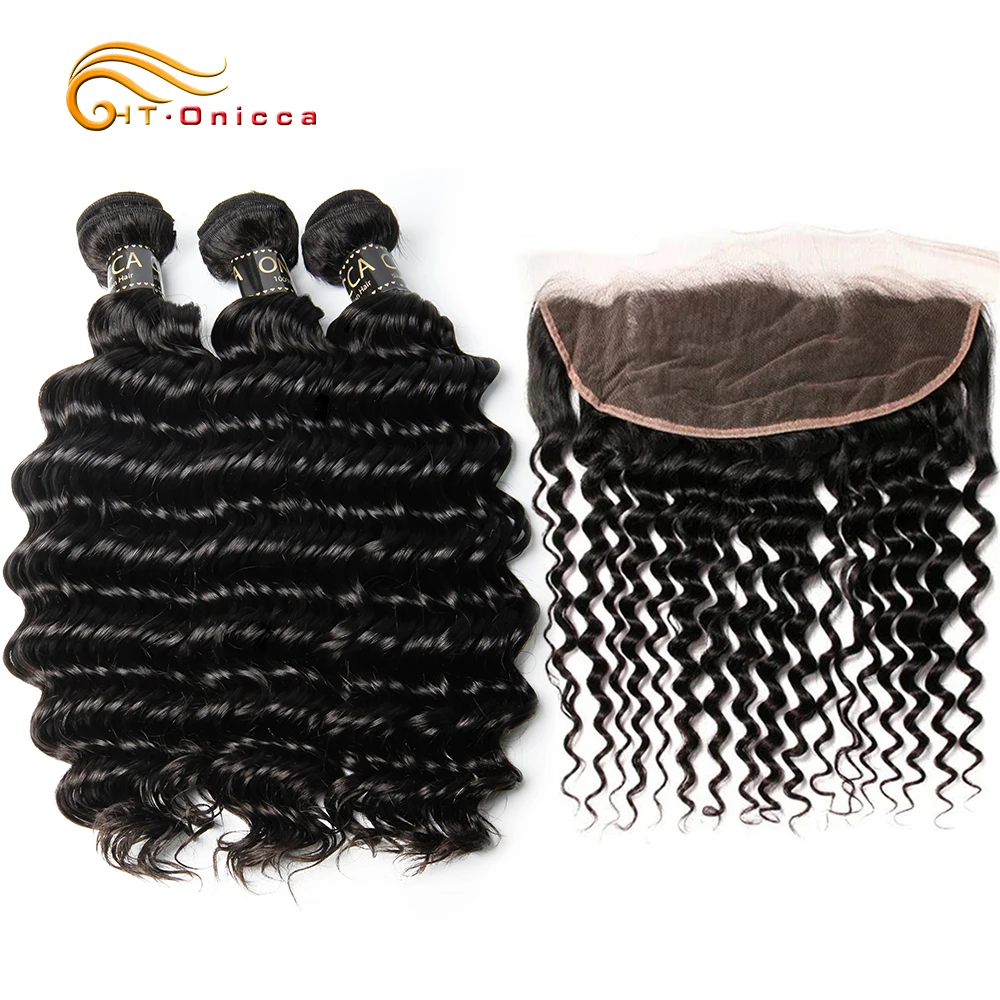 

Brazilian Deep Wave Bundles With Frontal Closure Remy Human Hair Bundles With Frontal 13x4 Ear To Ear Lace Frontal With Bundles