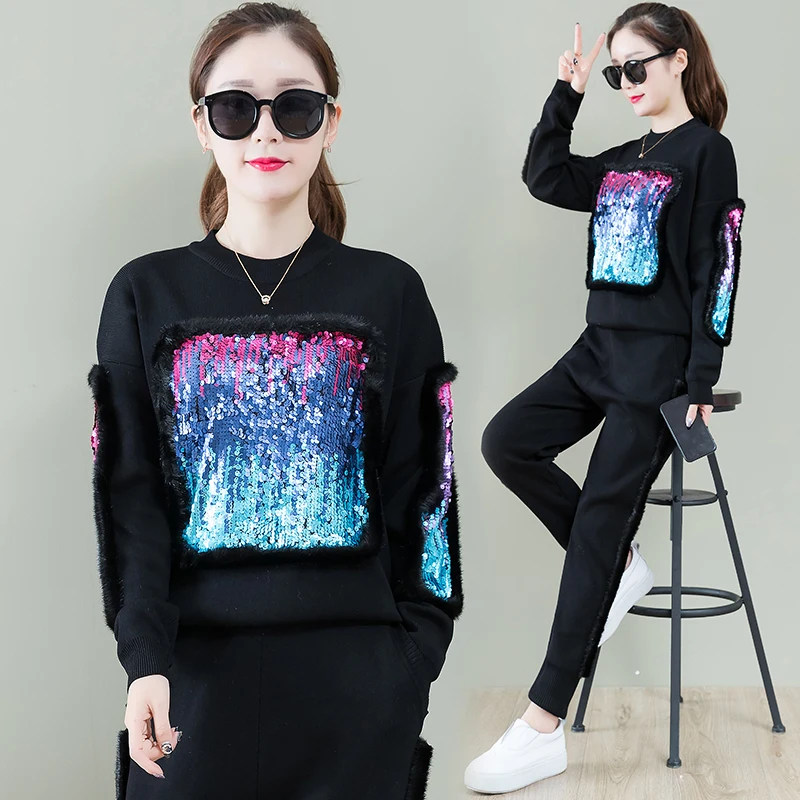 

2018 winter women's fashion sequins embroidery long-sleeved loose tops coat +pencil pants suits female sequins 2 piece sets