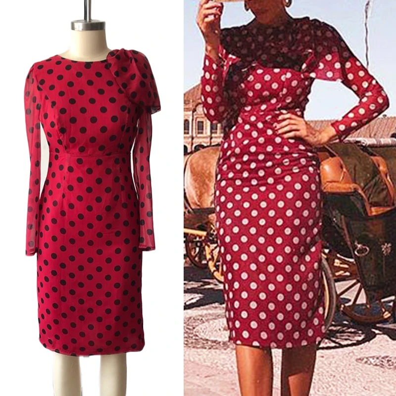 

Ladies Retro Dress Bodycon Backless Polka Dots Pencil Midi Round Neck Elegant