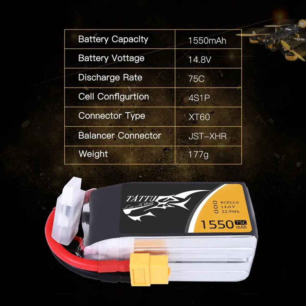 Литий полимерный аккумулятор Tattu 75C 14 8 в 1550 мА/ч Lipo XT60 с разъемом FPV гоночный