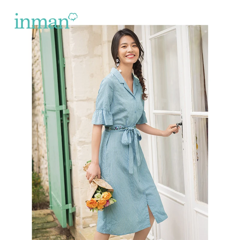

INMAN 2019 Summer New Arrival Elegant Turn down Collar Minimalism Striped Slim With Embroidery Belt Bell Sleeve Women Dress