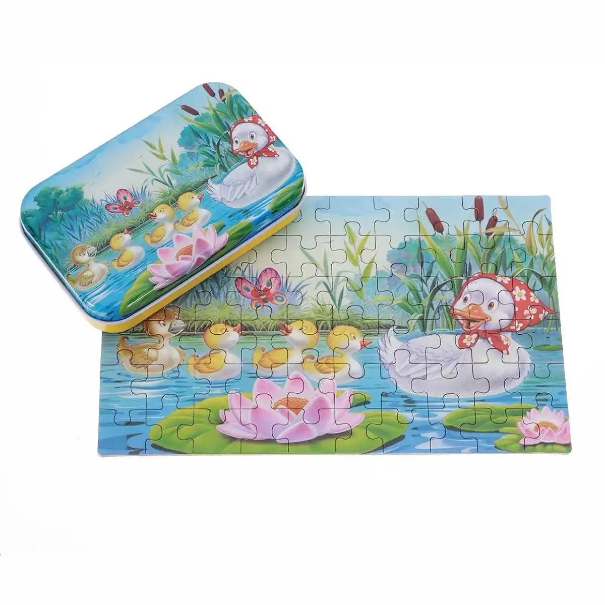 

60pcs Wooden DIY Puzzle Duck Fairy Tale Cartoon 3D Jigsaw With Tin Box Kids Children Educational Gift Collection Jigsaw Toy