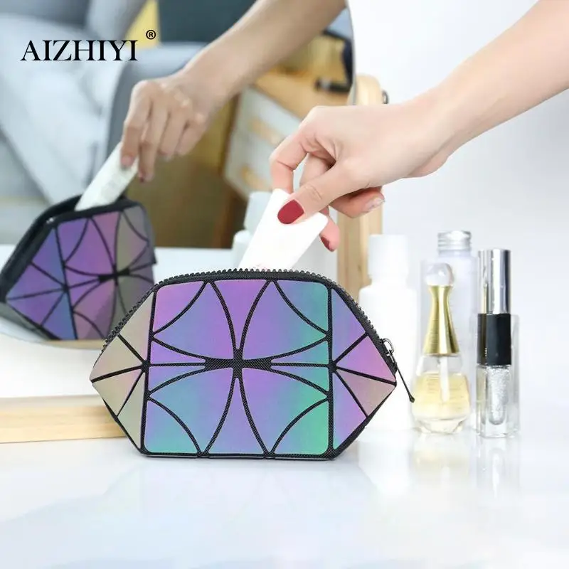  Newest Irregular Geometric Makeup Bag PU Luminous Folding Travel Storage Beauty Shell Bags Fashion 