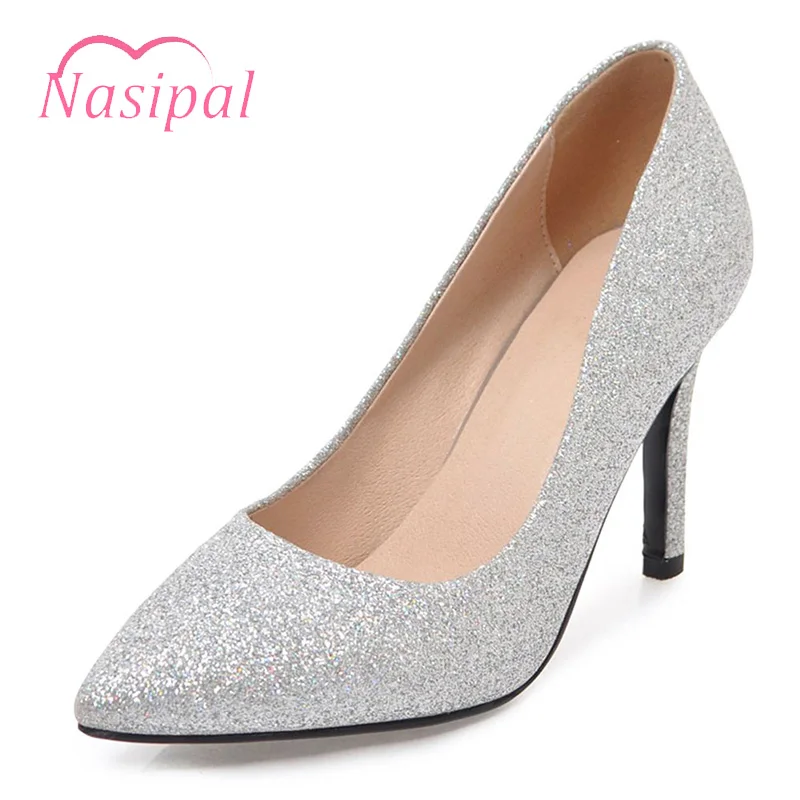 

Nasipal Brand Women's Sexy sequined Nightclub High Heels Women Pumps Stiletto Thin Heel Pointed Toe High-heeled Shoes Red Silver