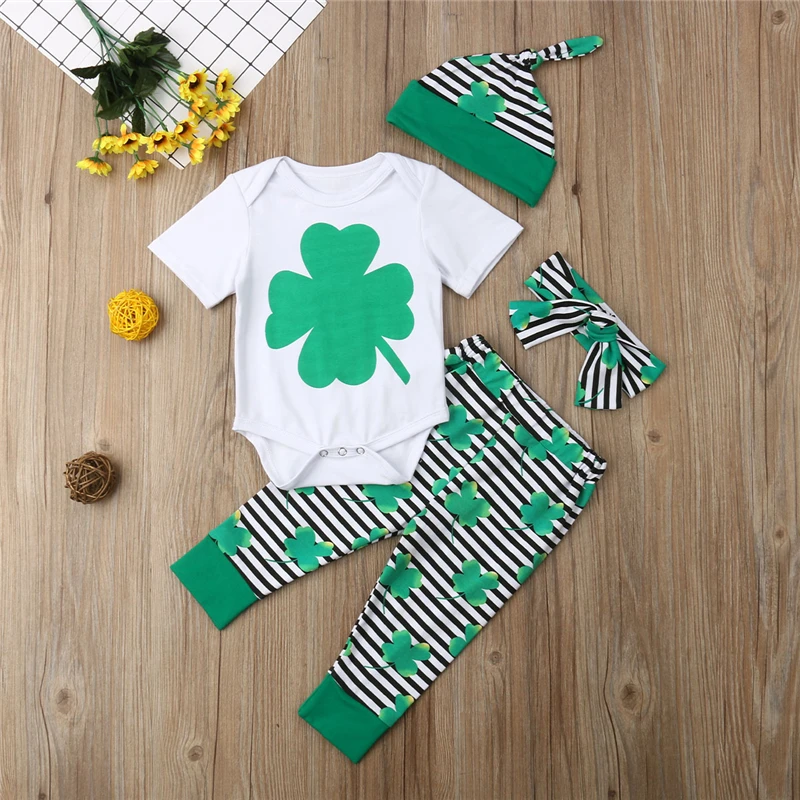 

2019 Summer St. Patricks Day Short Sleeve Bodysuit Top Pants Hat Outfits Costume 4Pcs Newborn Unisex Baby Boy Girl Clothes Set