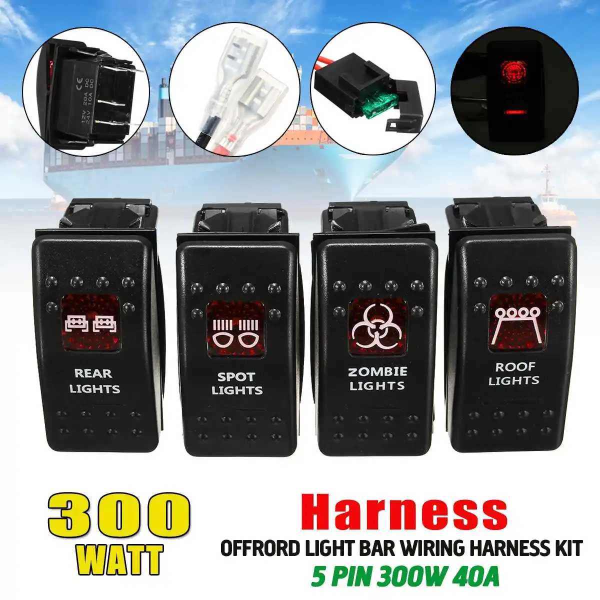 

1 Set 12V 24V 300W 5 Pins Waterproof LED Illuminated Backlit Rocker Switch + Relay Car Fuse Wiring Kit SUV Car Boat Caravan