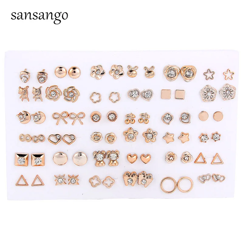 

36 Pairs/Set Mixed Style Anti Allergic Cute Animal Star Bow Crystal Stud Earrings Set Gold Color Plastic Small Earring For Women