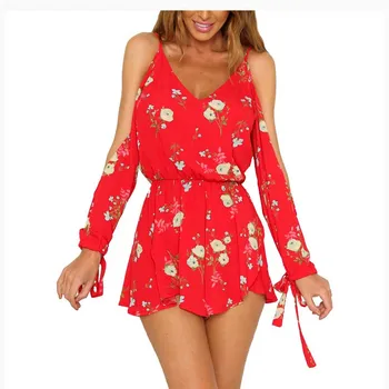 

Women Off Shoulder Lace Up Jumpsuit Long Sleeve V Neck Women Playsuits Casual Overalls Boho Jumpsuit Beach Rompers