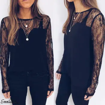

Fashion Women's Ladies Lace Patchwork Mesh Blouses Loose Casual Long Sleeve Black Blouse