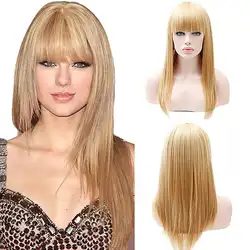 Тупой взрыва длинные прямые волосы золотой парик женские модный парик Новинка 100% года высокое температура термостойкие синтетическое