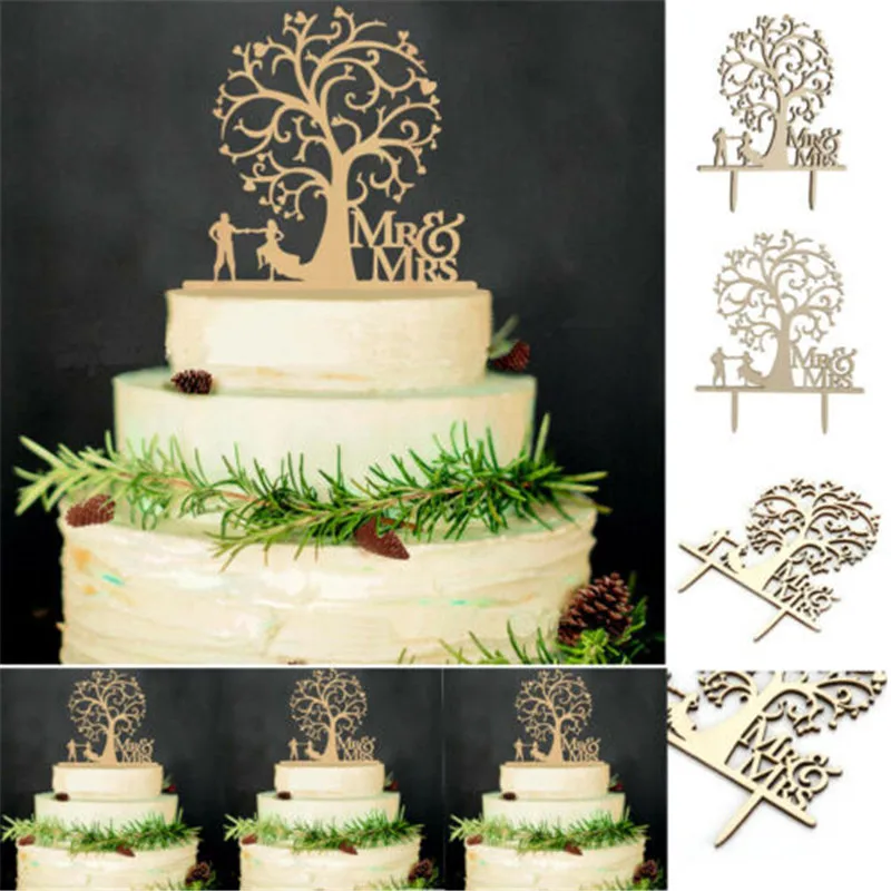 

MR MRS Wood Cake Topper Wedding Birthday Cake Insert Anniversary Card Decoration Dessert lovely Gifts