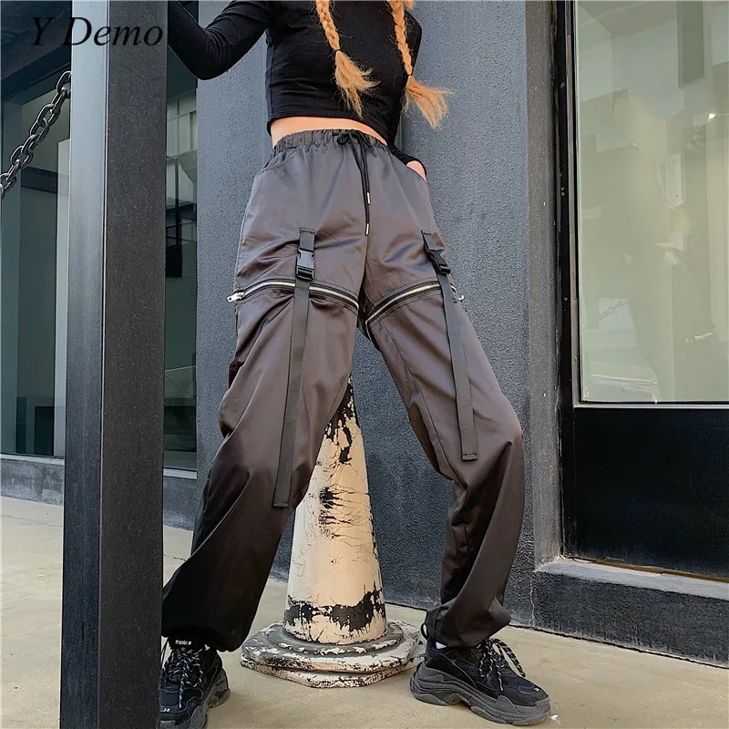 

Harajuku Hiphop Zipper Hollow Out Women Pants Lace Up Elastic Waist Cargo Pants