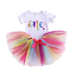 Новый комплект одежды из 2 предметов для новорожденных девочек, боди с короткими рукавами на день рождения, топы, цветная фатиновая юбка