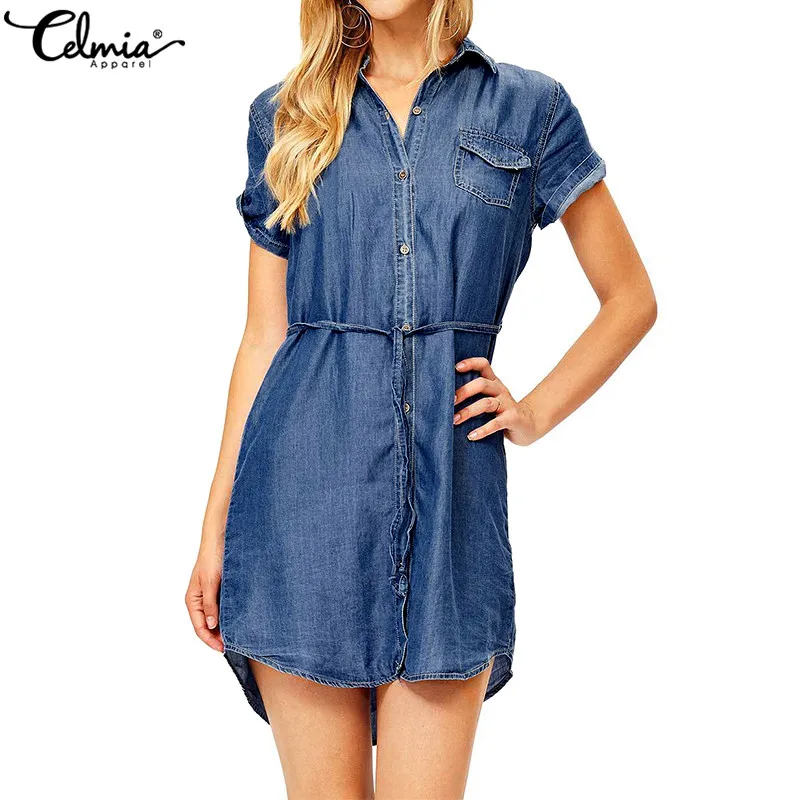 

Celmia 2019 Summer Dress Women Denim Shirt Dresses Casual Short Sleeve Buttons Asymmetric Belrted Party Mini Vestidos Plus Size7