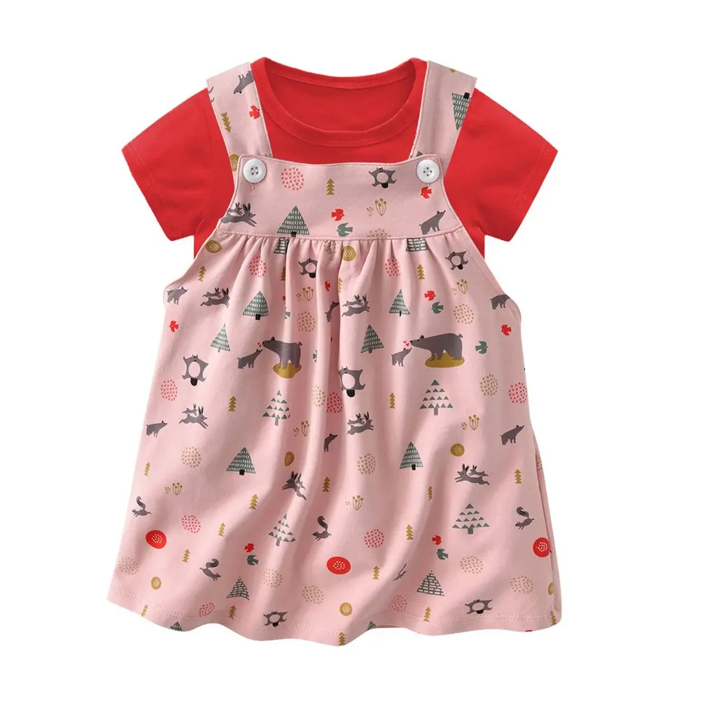 Baby Girls Clothes Cotton Solid Short-sleeved T-shirt And Print Strap Dress For Baby Summer Clothing Set Baby Girls Clothes Cotton Solid Short-sleeved T-shirt And Print Strap Dress For Baby Summer Clothing Set