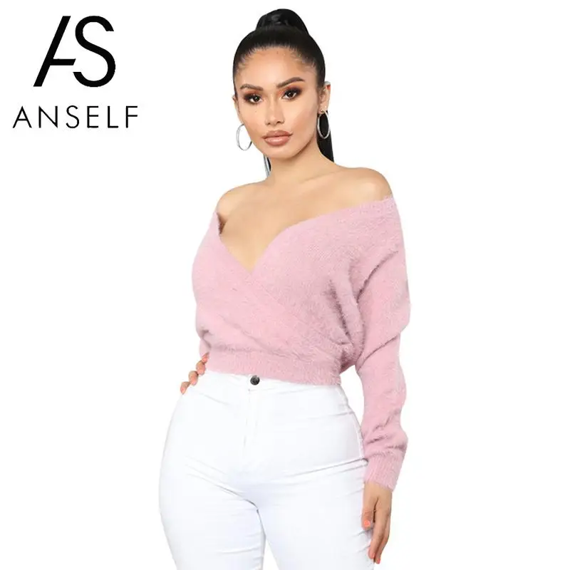 

Anself Fashion Women Knitted Top Solid Plunge V-Neck Long Sleeve Warm Winter Sweaters Casual Short Jersey Top Knitwear Pullover