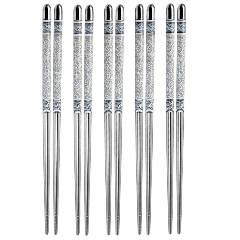 

5 Pairs of Blue and White Porcelain Pattern Stainless Steel Non-slip Chinese Chopsticks Tableware Set