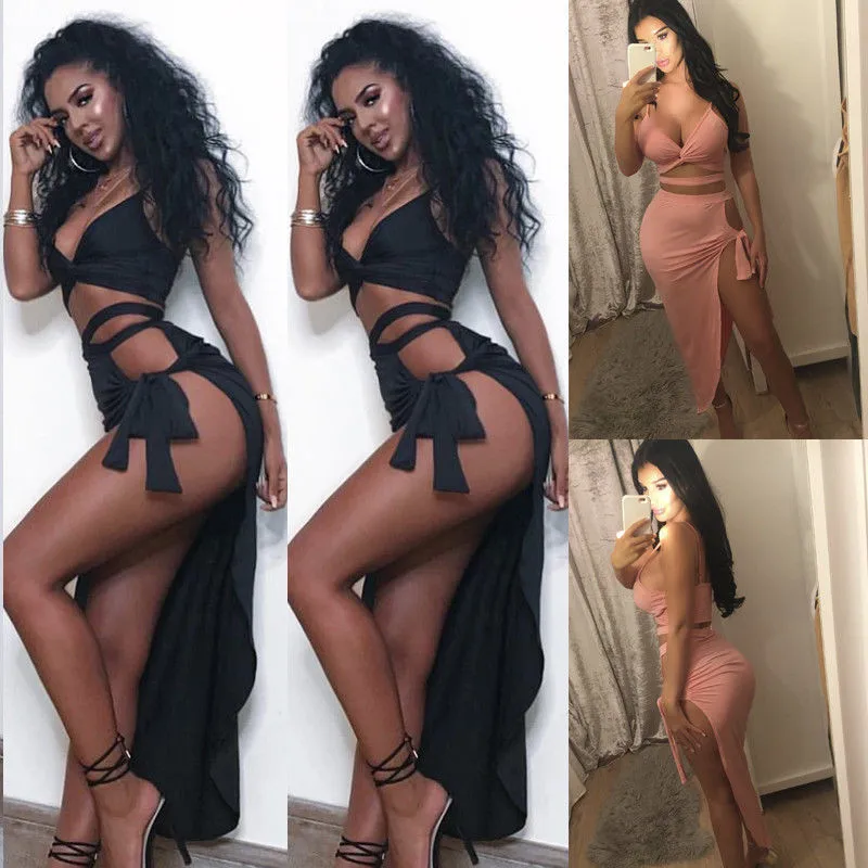 

Fashion Casual Slim Solid Women 2 Pcs Bodycon Sleeveless Crop Top And High Split Skirt Set Party Club Summer Clothes