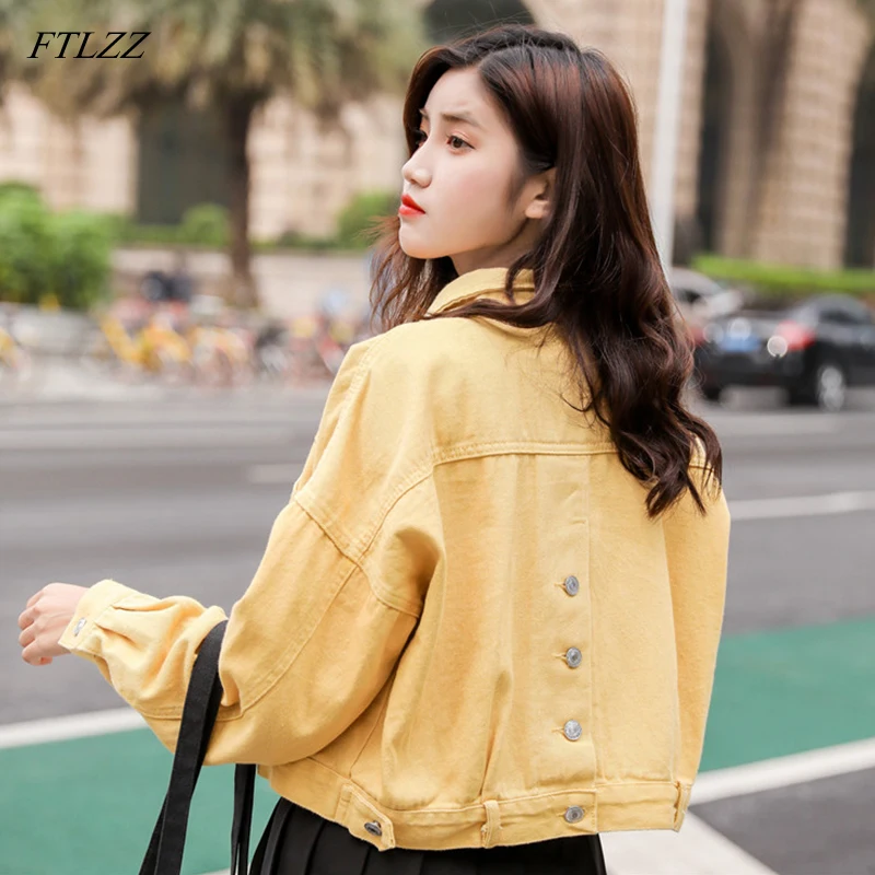 

FTLZZ New Womens Basic Denim Jacket Spring Autumn Loose Single Breasted Short Ladies Jean Coat Female Top Outwear