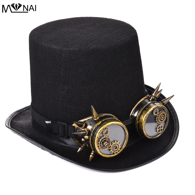 

Vintage Men Women Steampunk Top Hat Gears Studs Goggles Cosplay Costume Gothic Hat With Glasses Punk Accessories
