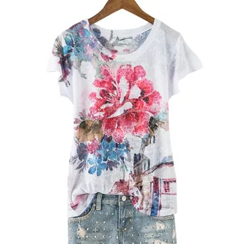 

Double floral print slim t shirt women Plus size 5XL short sleeve fashion hot drilling tops 2019 new arrivals