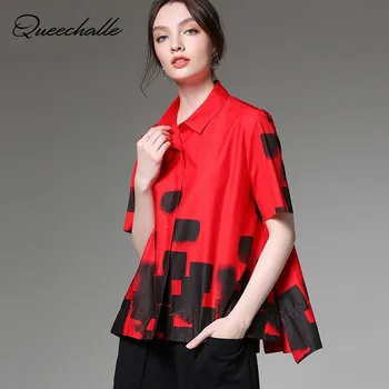 

European Style Print Shirt Women 2020 Summer Turn-down Collar Short Sleeve Loose Casual Blouse Shirt Plus Size Ladies Tops Red