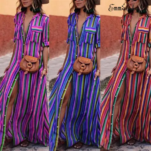 1PC Women Lady Party Stripe Long Dress Split Front Maxi Beach Dress Plus Size Loose Casual Summer Clothing
