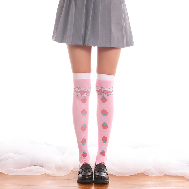 

new Lovely Powder Strawberry Bow Printing Lolita Printing Overknee stocking