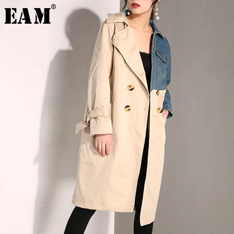 

[EAM] 2019 New Autumn Winter Lapel Long Sleeve Khaki Denim Split Joint Long Bandage Windbreaker Women Trench Fashion Tide JH638