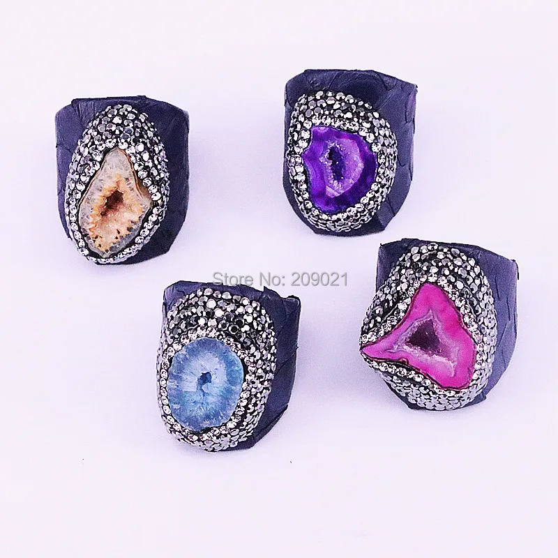 

6Pcs Natural stone agates geode ring,fashion snakeskin leather pave crystal ring,wholesale gems jewelry