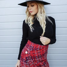 Для женщин юбка мода Высокая Талия Кнопка красные пледы Knited короткий мини-юбка