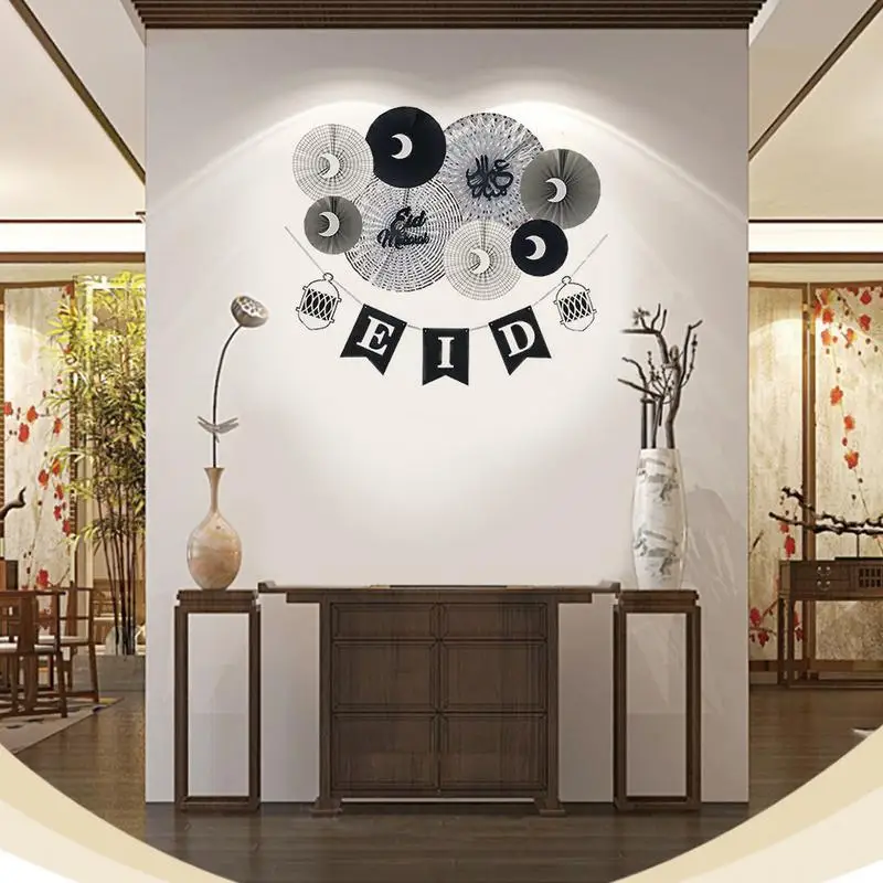

Ramadan Theme Party Decoration 8 Pack EID Letter Paper Origami Flower Print Fan Paper Lantern and Eid Banner Hanging Mubarak Isl