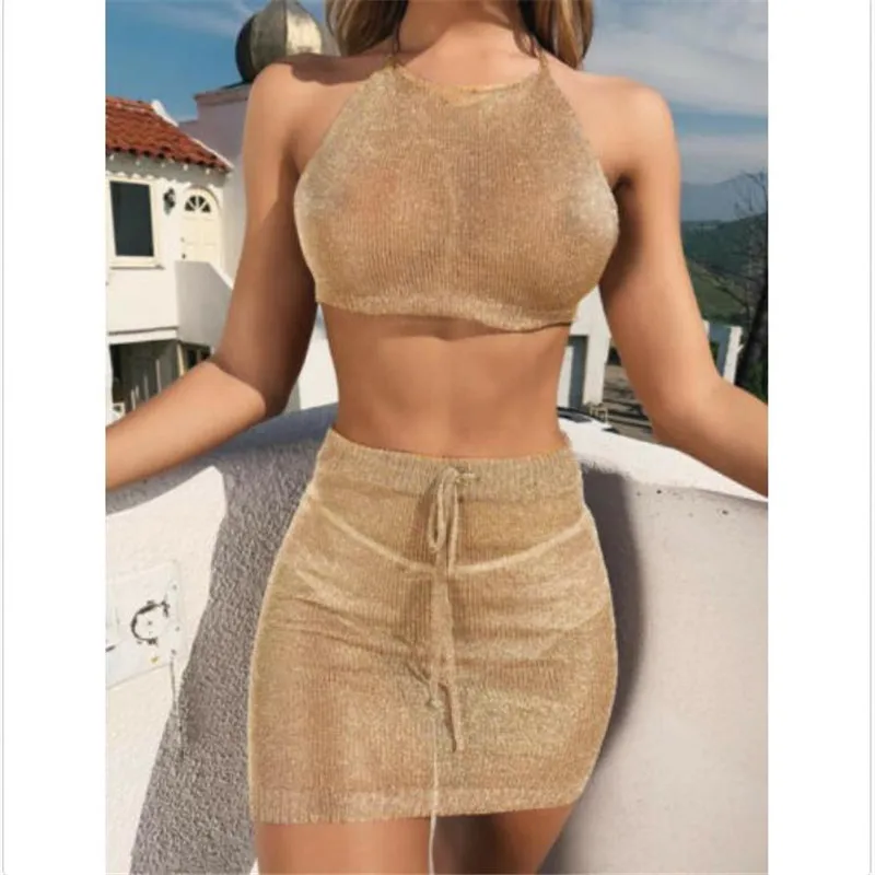 

Women's Sexy Sleeveless Clothing Sets Mesh Sleeveless Tops With Short Mini Dress Ladies' Soild Color Two Pieces Costume Hot Sale
