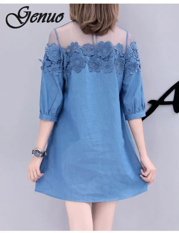 New Arrival Lace Bead Patchwork Summer Women Denim Dresses Half Sleeves Loose A Line Dresses Plus Sizes Jeans Dresses