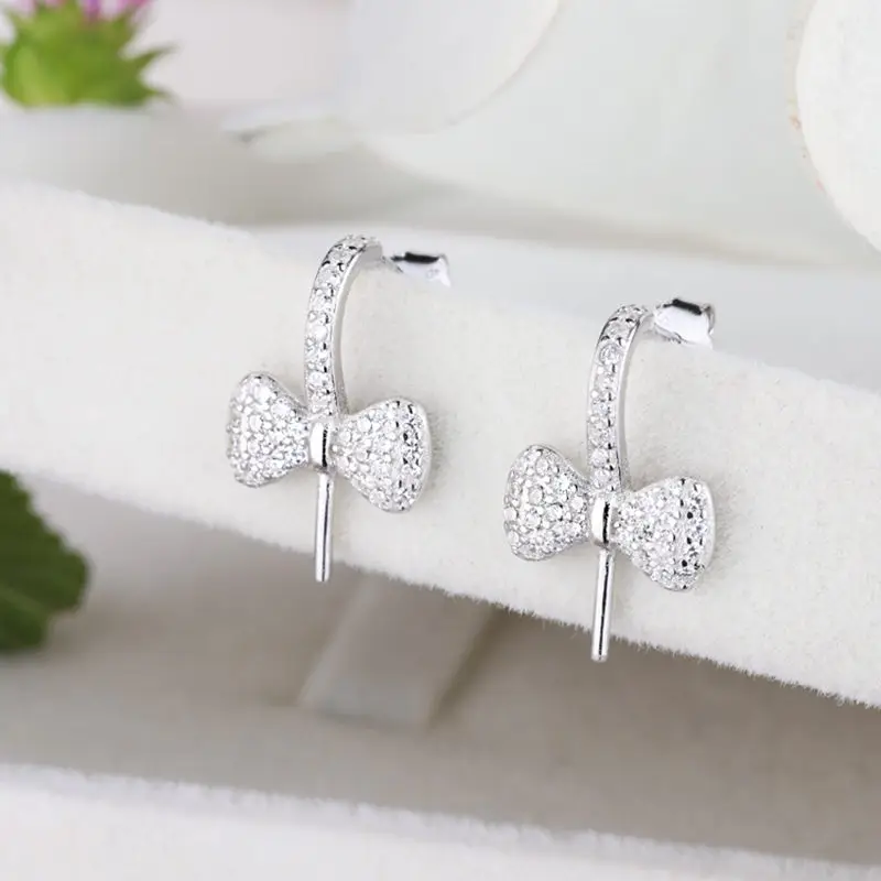 

925 Sterling Silver Women Hook Earrings Brilliant CZ 7mm8mm9mm10mm Round Bead or Pearl Semi Mount Drop Earrings DIY Stone