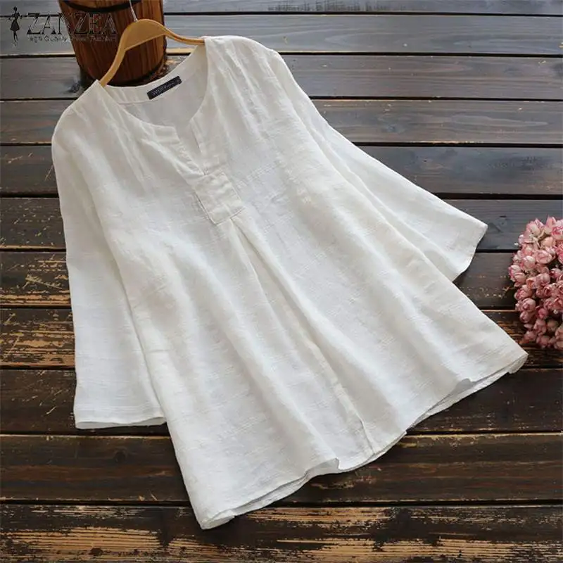 

Top Blusas ZANZEA Plus Size Women Blouse 2019 Summer Casual Loose Solid Shirt Ladies Cotton Linen Tunic Tops Blusa Feminina 5XL