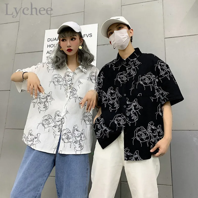Lychee японский стиль принт лица женские блузки 2019 лето весна короткий рукав