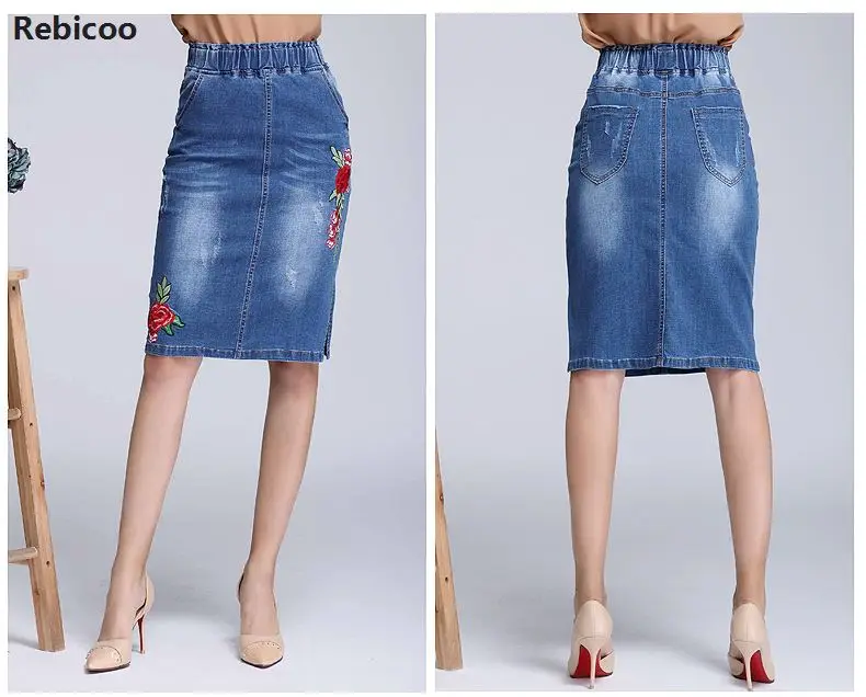 

Plus Size Stretchable High Waist Floral Embroidered Denim Skirts Women 2019 Spring Split Short Jeans Skirt Saias Casual Fashion
