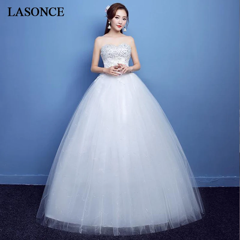 

LASONCE Sequined Strapless Crystal Ball Gown Wedding Dresses Off The Shoulder Backless Lace Appliques Bridal Gowns