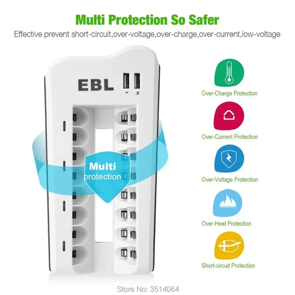 EBL зарядное устройство 8 Bay AA AAA Ni-MH Ni-Cd перезаряжаемое зарядное устройство с 2 умными usb зарядным портом для смартфонов планшетов