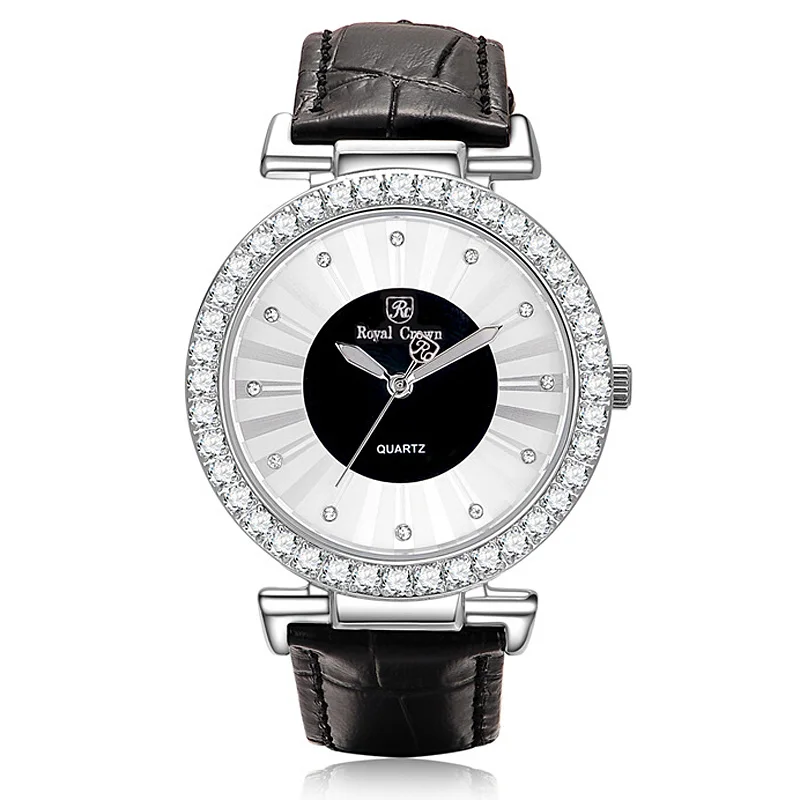 

Royal Crown Large Lady Women's Watch Japan Quartz Crystal Hours Fine Fashion Dress Bracelet Leather Luxury Rhinestone Gift Box