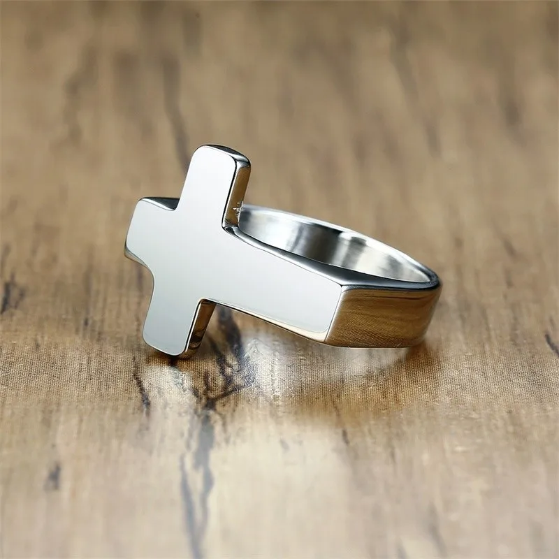 Боком Крест кольцо для мужчин нержавеющая сталь Твердые серебряные металлические распятие группа Простые Кольца