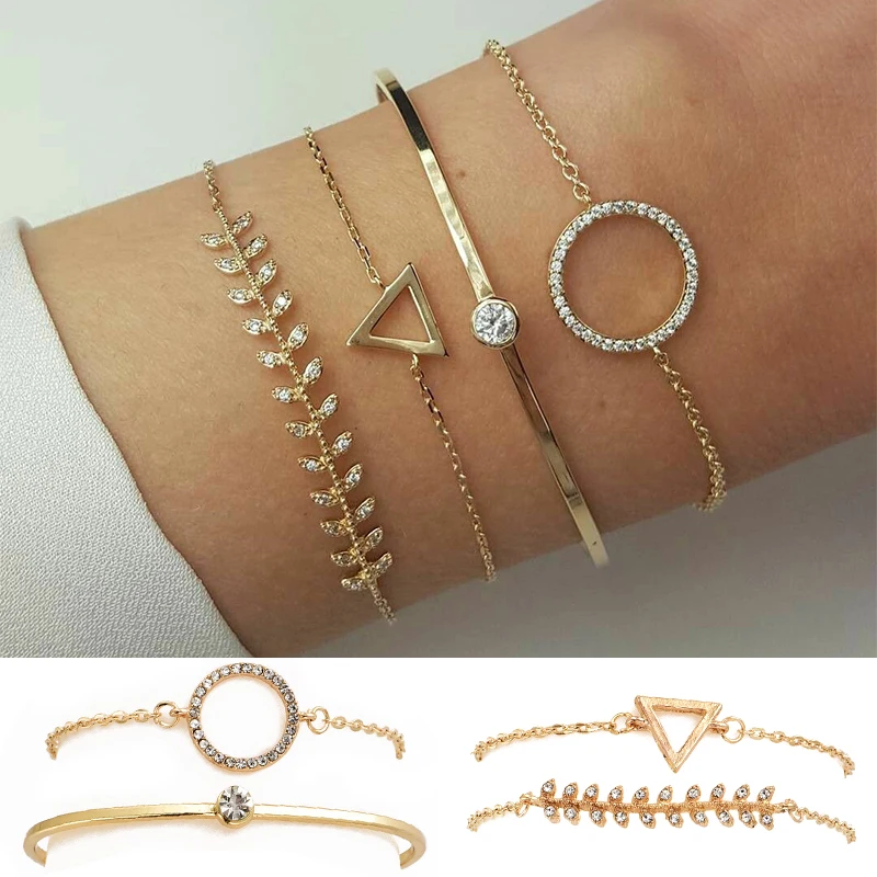 

Triangle Adjustable Open Wedding Fashion Jewelry 4PCS/Set Circle Unique Crystal Leaf Chain Gold Bracelet Set Gifts