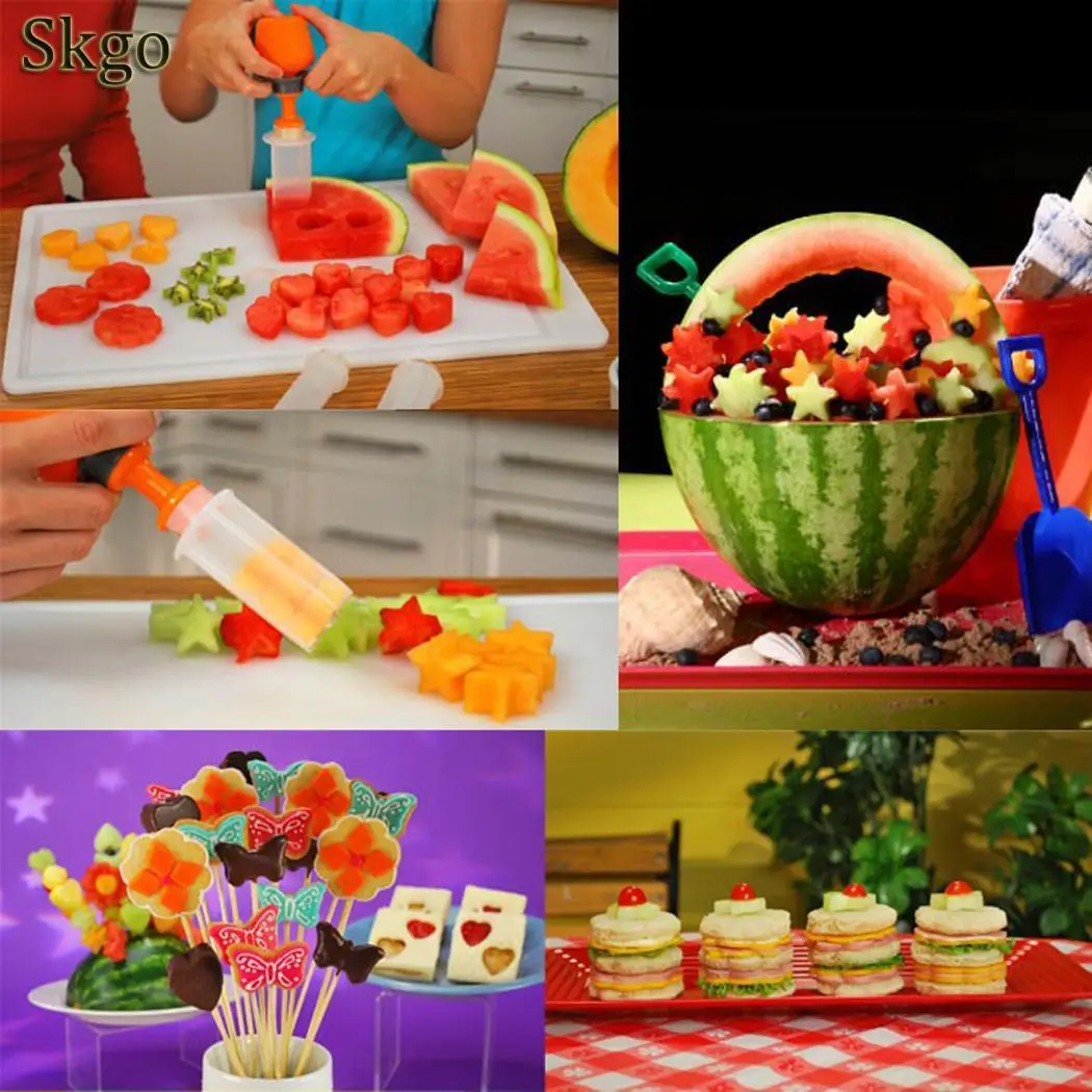 

Creative DIY Plastic Fruit Cutter Slicer Decorate Tool just push, pop and eat. Veggie Food Decorator Kitchen