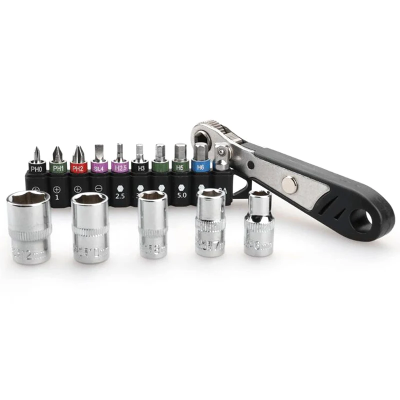 

16Pc Mini Ratchet Sleeve Wrench Set Colorful Phillips Hex Bits Hex Key Wrench Socket Nut Driver Multi-Purpose Combination Tool